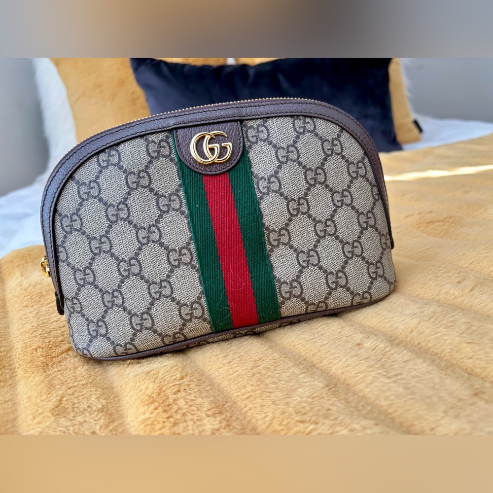 Gucci Beige and Brown Monogram Bag with Green and Red Stripe